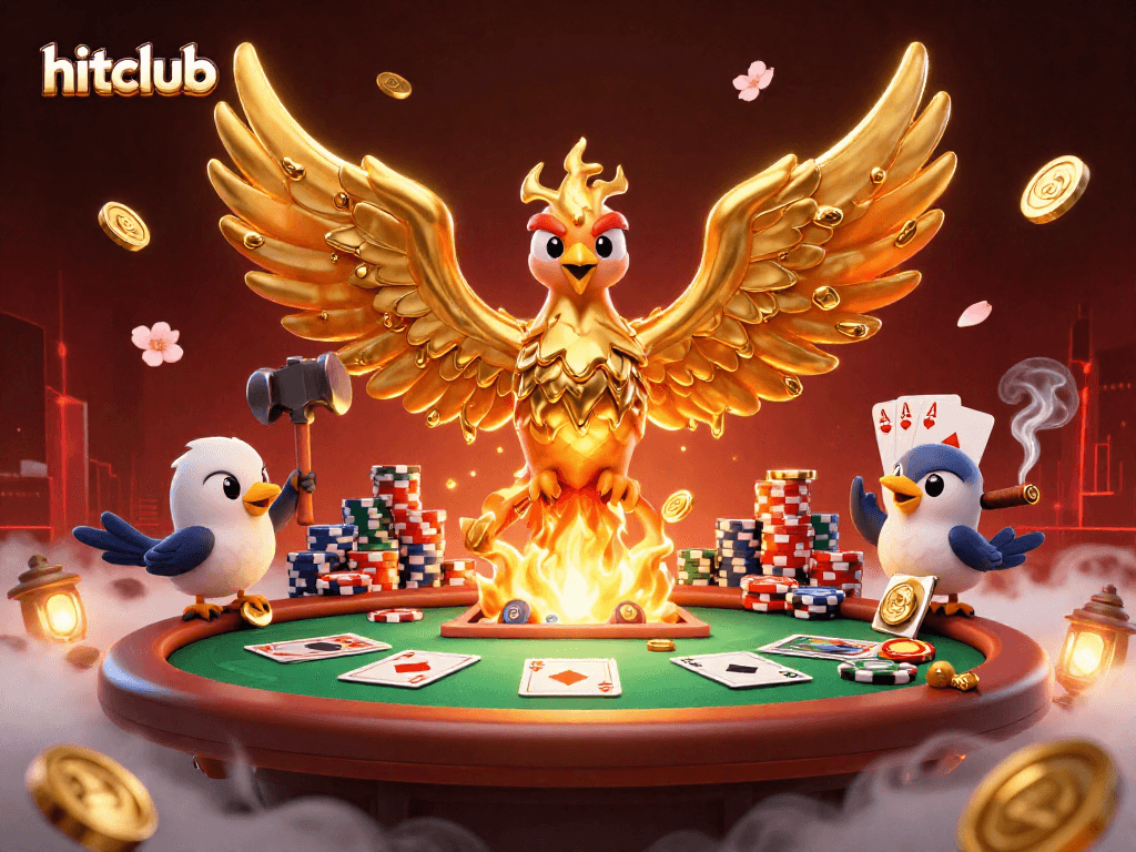 Experience the hitclub magic with a golden phoenix and poker excitement in this vibrant scene.