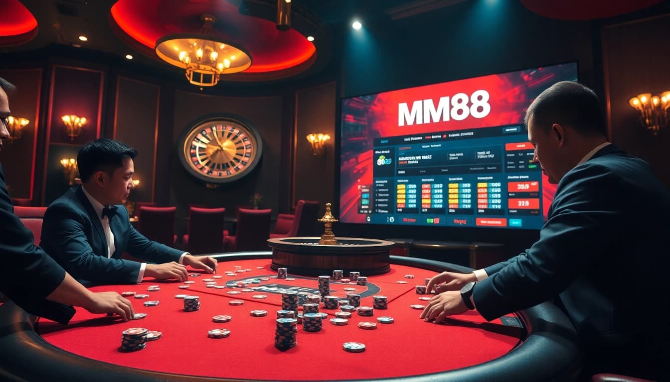 High-stakes poker action at an MM88 casino, with players and vibrant roulette wheel in view.