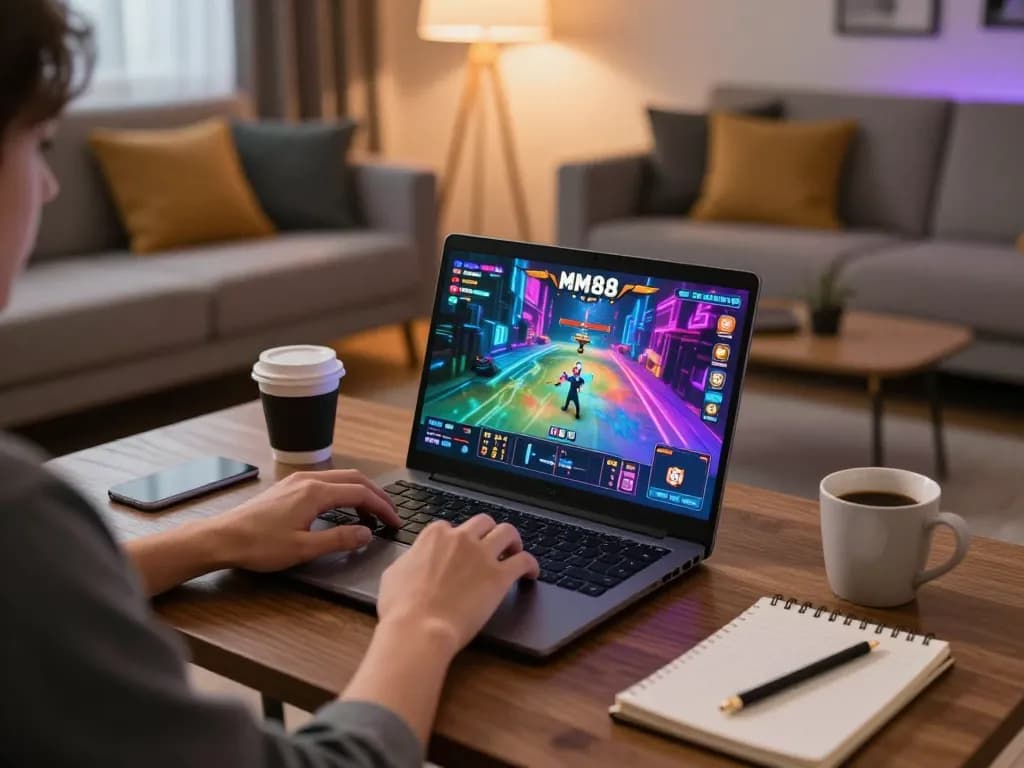 Engaging in online gaming with MM88 from a cozy home setup, showcasing a vibrant game interface.