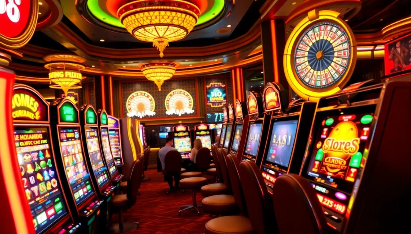 Pemain menikmati permainan slot88 yang menarik di kasino yang hidup dengan atmosfer yang meriah.