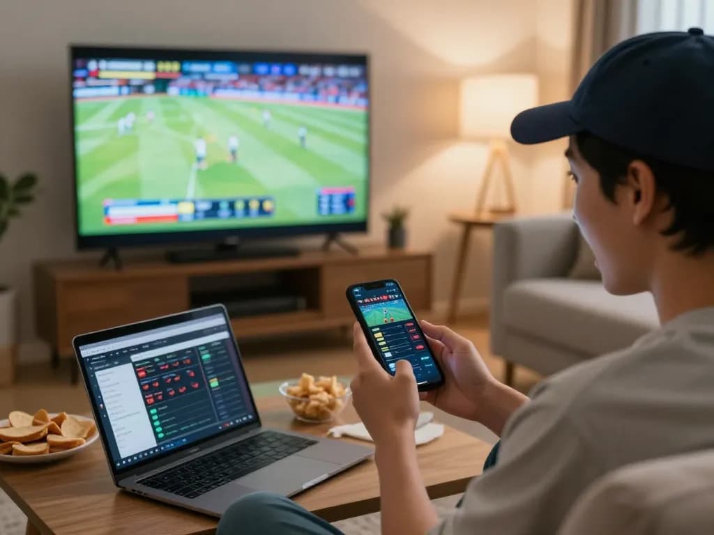 Person engaging in sports betting on smartphone while watching a game, highlighting debet betting experience.