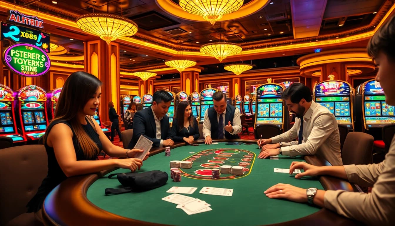 xx88 players engaging in a lively poker game with vibrant casino background.