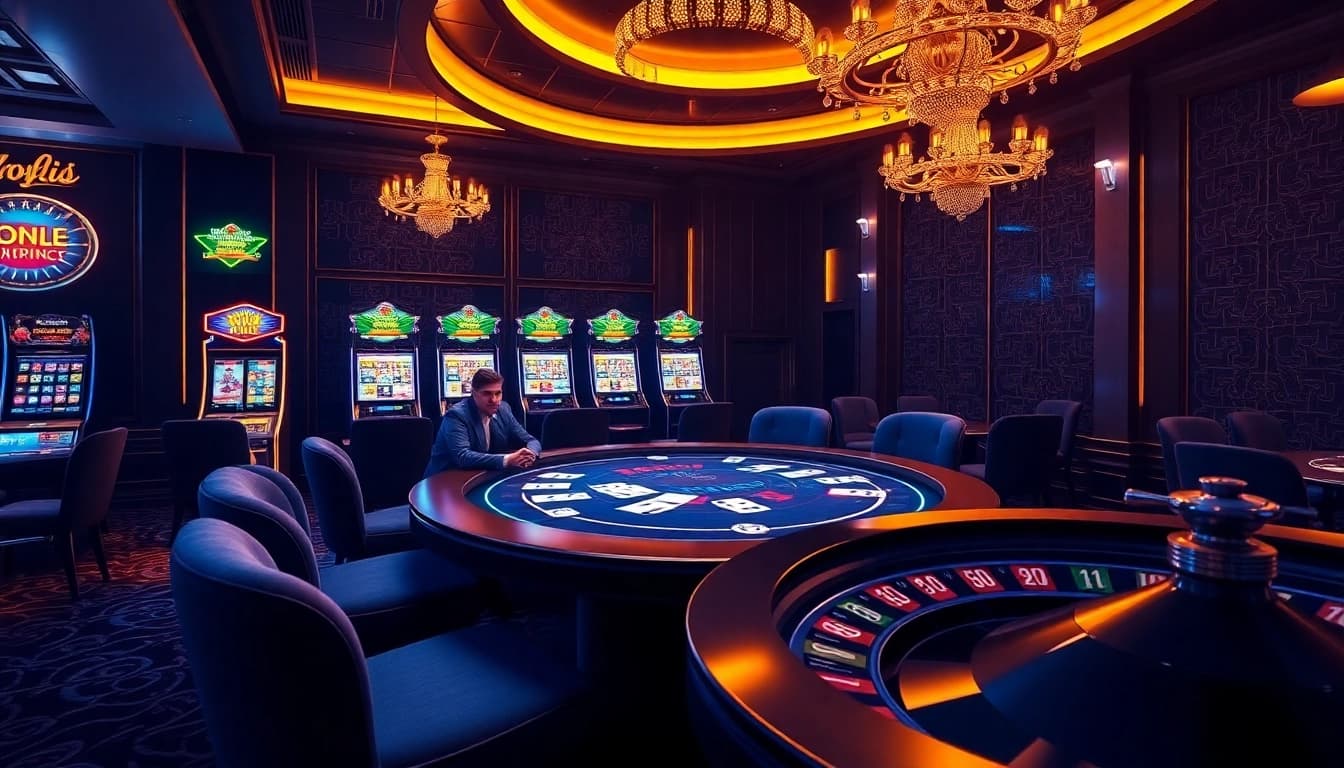 Nohu52 offers thrilling casino games with vibrant slot machines and a high-stakes poker table.