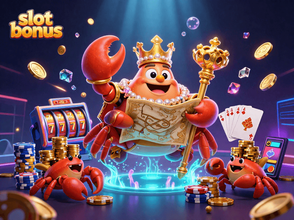 Experience the excitement of slot bonus adventures with a golden crab emperor in a vibrant casino-themed illustration.