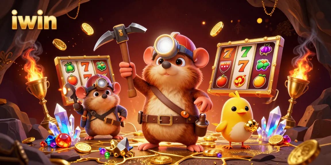 iwin's vibrant treasure hunter scene depicting thrilling slot gameplay and sparkling gems.