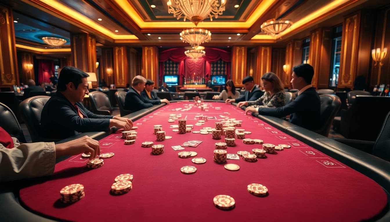 優塔遊戲場景展示賭桌和熱情參與者，反映真實娛樂氛圍。