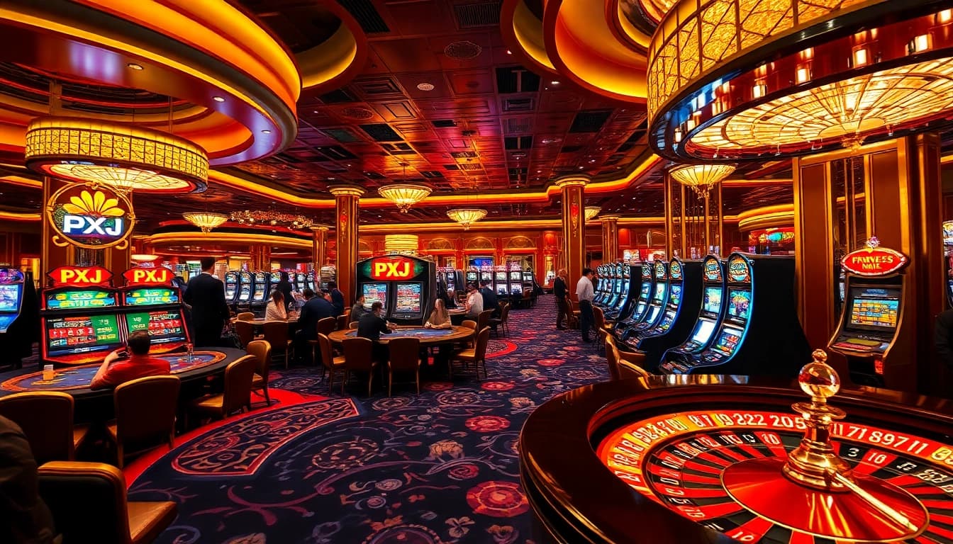 Experience thrilling moments at a luxury casino with PXJ-themed gaming tables and slot machines.