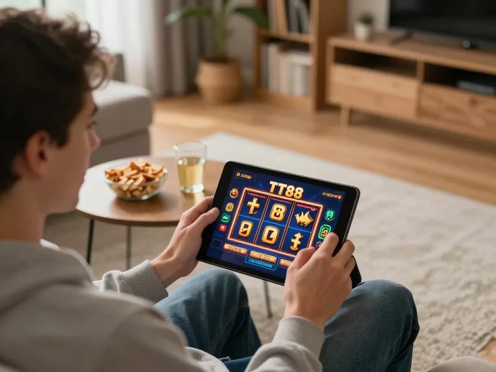 Engaging TT88 online gambling session showcasing a player immersed in slot games on a tablet.