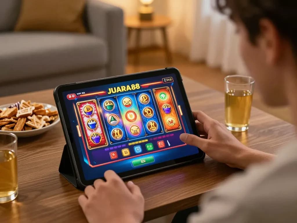 Experience JUARA88 DAFTAR while playing engaging slot machines from home, showcasing a fun and responsible gaming atmosphere.