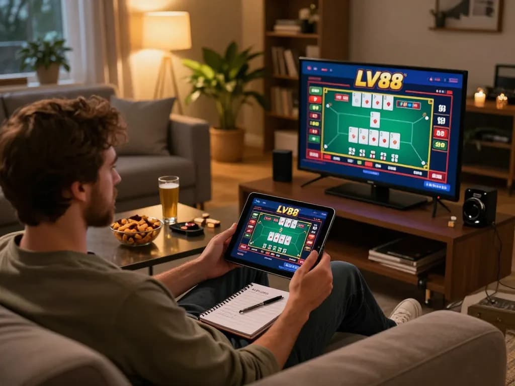 Player engaging in exciting LV88 online poker game at cozy home setup with tablet