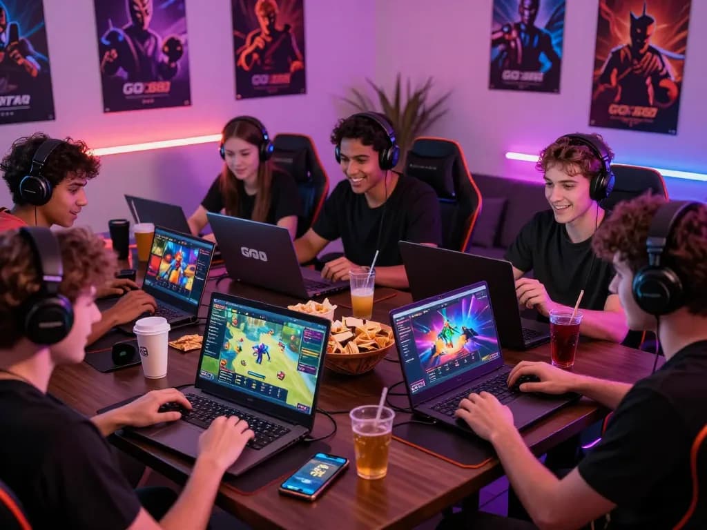 Players enjoying immersive gaming experience on GO 88 platform with devices in a lively setting.