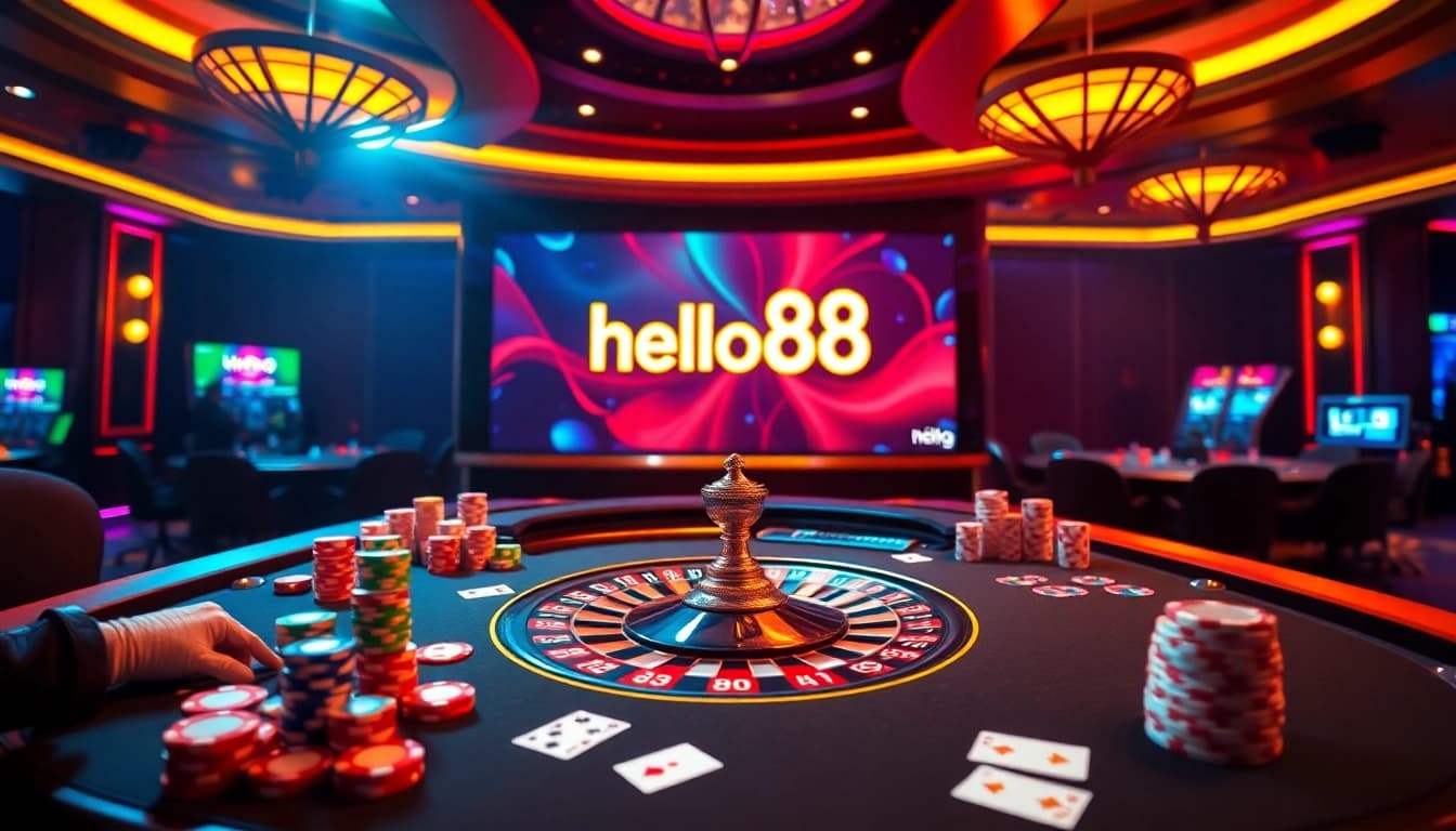 Hello88 players celebrating a big win at a vibrant casino table filled with chips and cards.