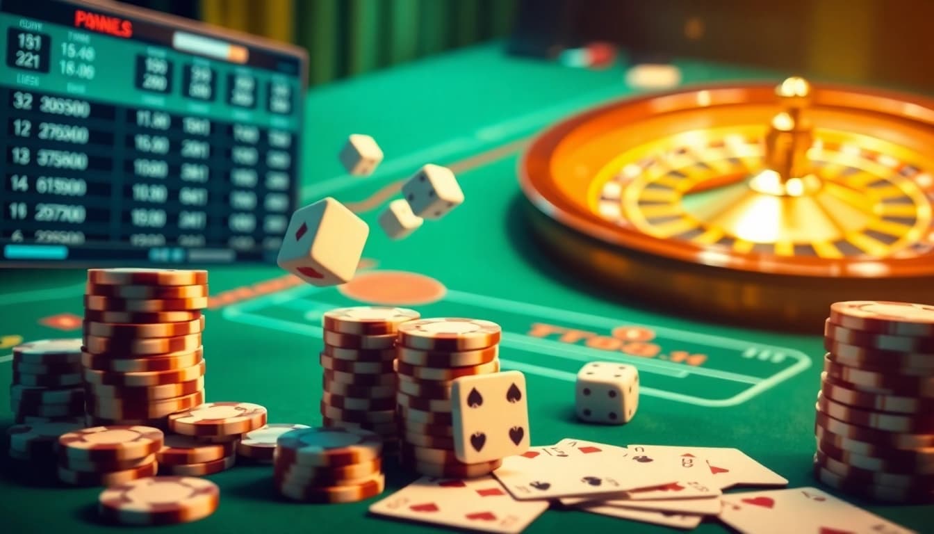 Experience TT88 online gambling with a luxurious casino scene featuring cards, chips, and a roulette wheel.