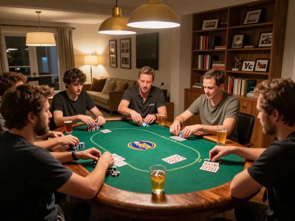 Players enjoy a friendly poker night at home with cm88 chips and cards on an elegant table.