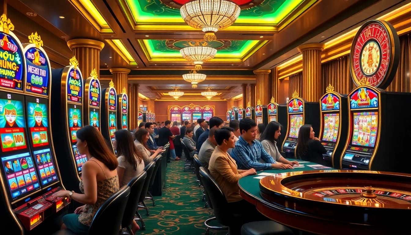 Nổ Hũ Đổi Thưởng action with excited players at a luxurious casino, surrounded by vibrant slot machines and poker chips.