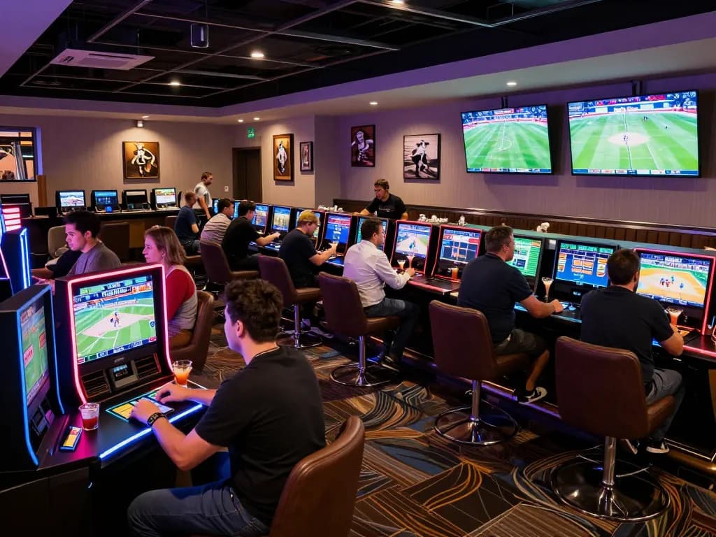 Excited bettors interacting with screens at LV88's modern sports betting arena.
