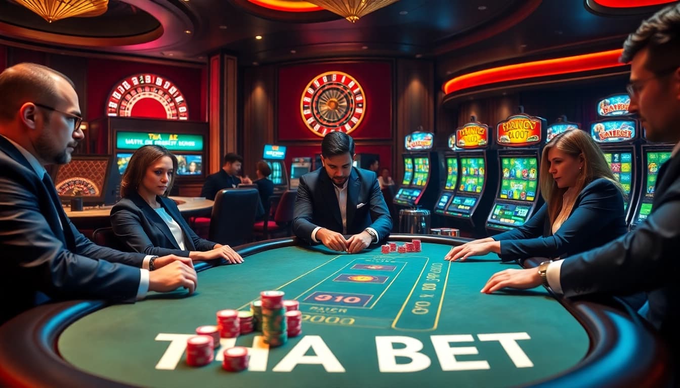 Experience the excitement of THA BET with professional gamblers at a luxurious casino table.