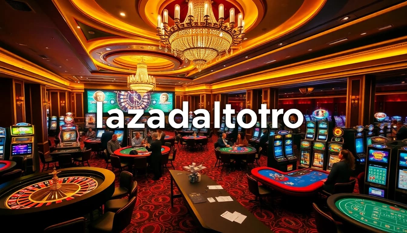 Lazadatoto offers exciting betting options within a vibrant casino scene filled with roulette wheels and poker tables.