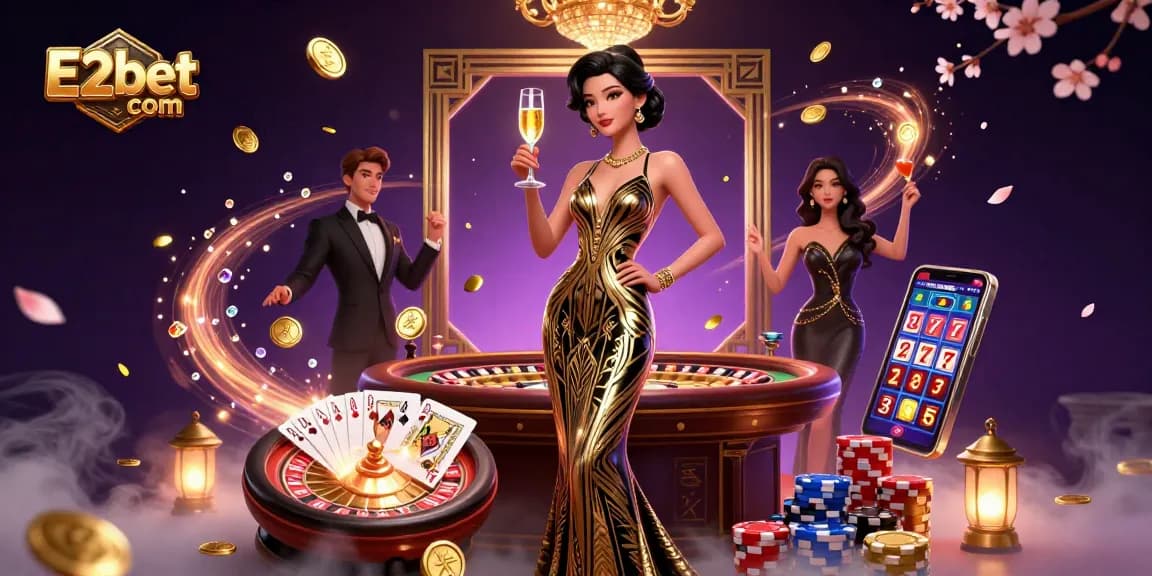 Engage with E2bet com at a vibrant casino scene showcasing live roulette, cascading gold coins, and lively action.