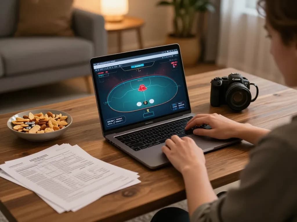 Player enjoying online poker on 88aa com in a cozy home setting with snacks and strategy notes.