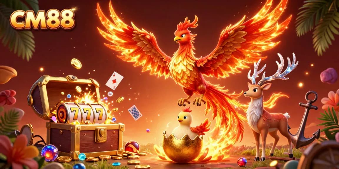 Experience the thrill of cm88 with a vibrant casino scene featuring a phoenix, slot reels, and treasures.