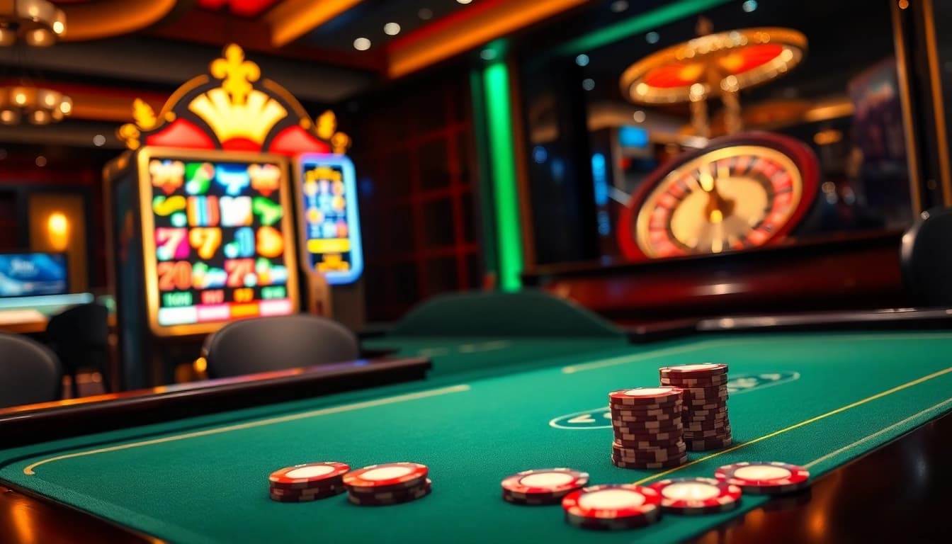 Experience the excitement of winning at 99ok with a luxurious poker table and vibrant slot machines.