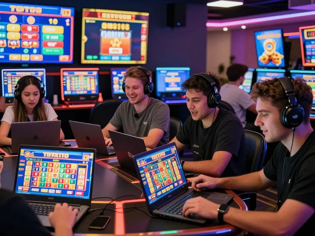 KDTOTO players enjoying exciting Toto Slot online gaming with vibrant graphics and winning notifications.