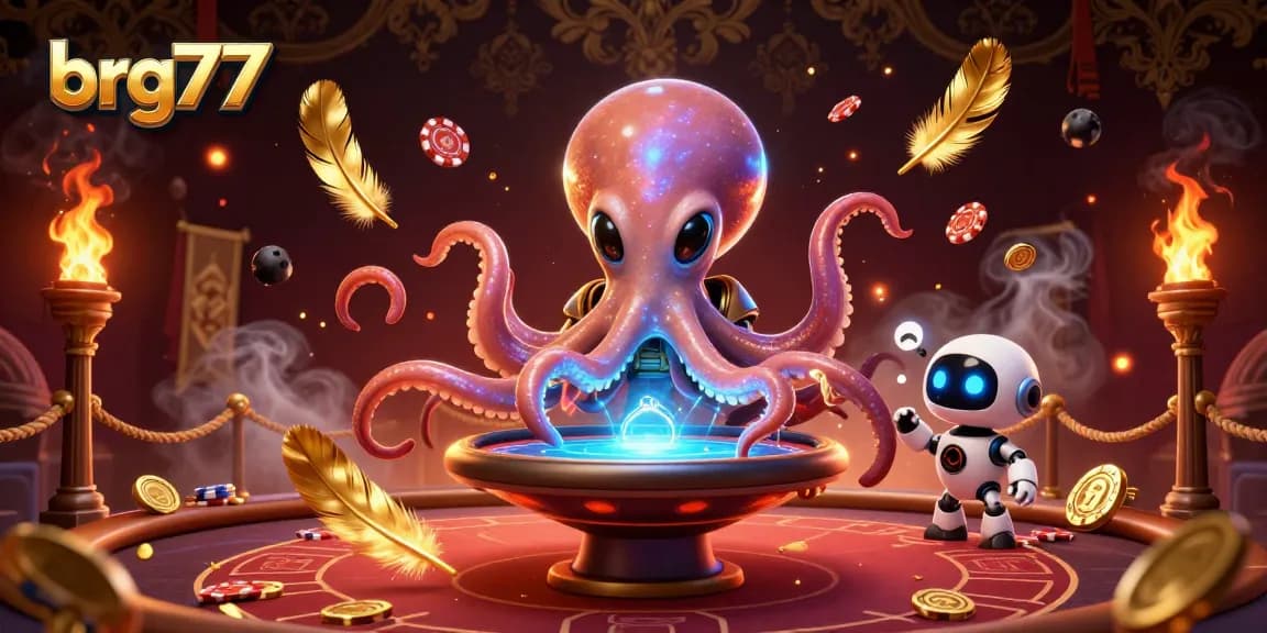 Engage in thrilling poker action with brg77's vibrant alien octopus and robot amid cosmic casino elements.