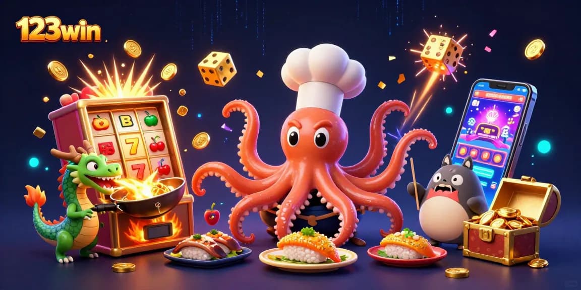 Win big with 123win's vibrant casino scene, featuring the captivating octopus chef and exciting jackpots.