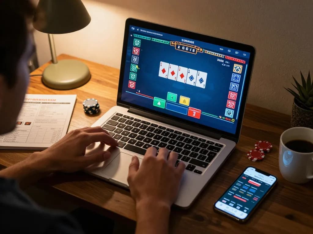 Player strategizing in their home, playing poker online on 388bet with chips and cards visible