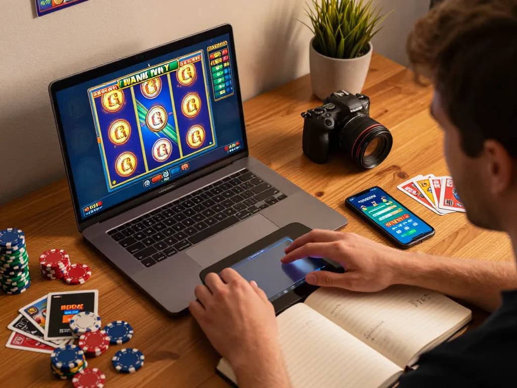 Engaging in online slot games on KDSLOTS, showcasing vibrant graphics and cozy home setting.