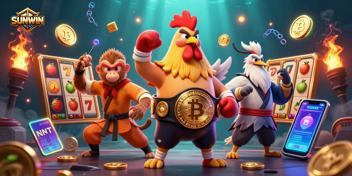 SUNWIN offers thrilling slot games with a fierce Muay Thai rooster and adventurous characters winning jackpots together.