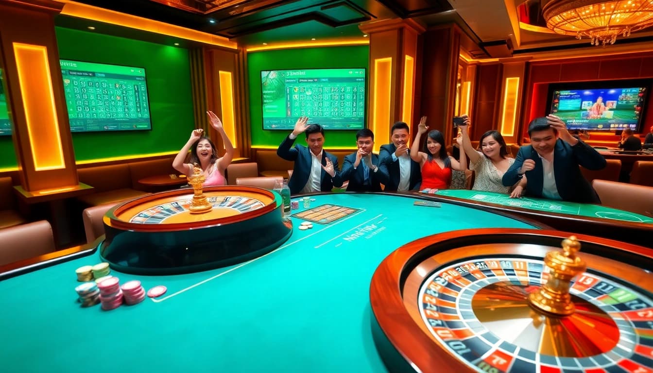 Gamblers celebrate at Nhà cái 33win's live dealer casino table with vibrant chips and roulette.