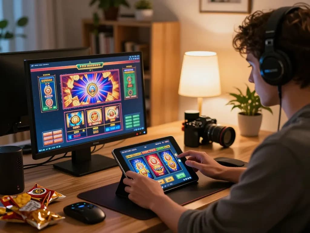 Mainecoasthemp gaming enthusiast playing slots online in a cozy home setup.