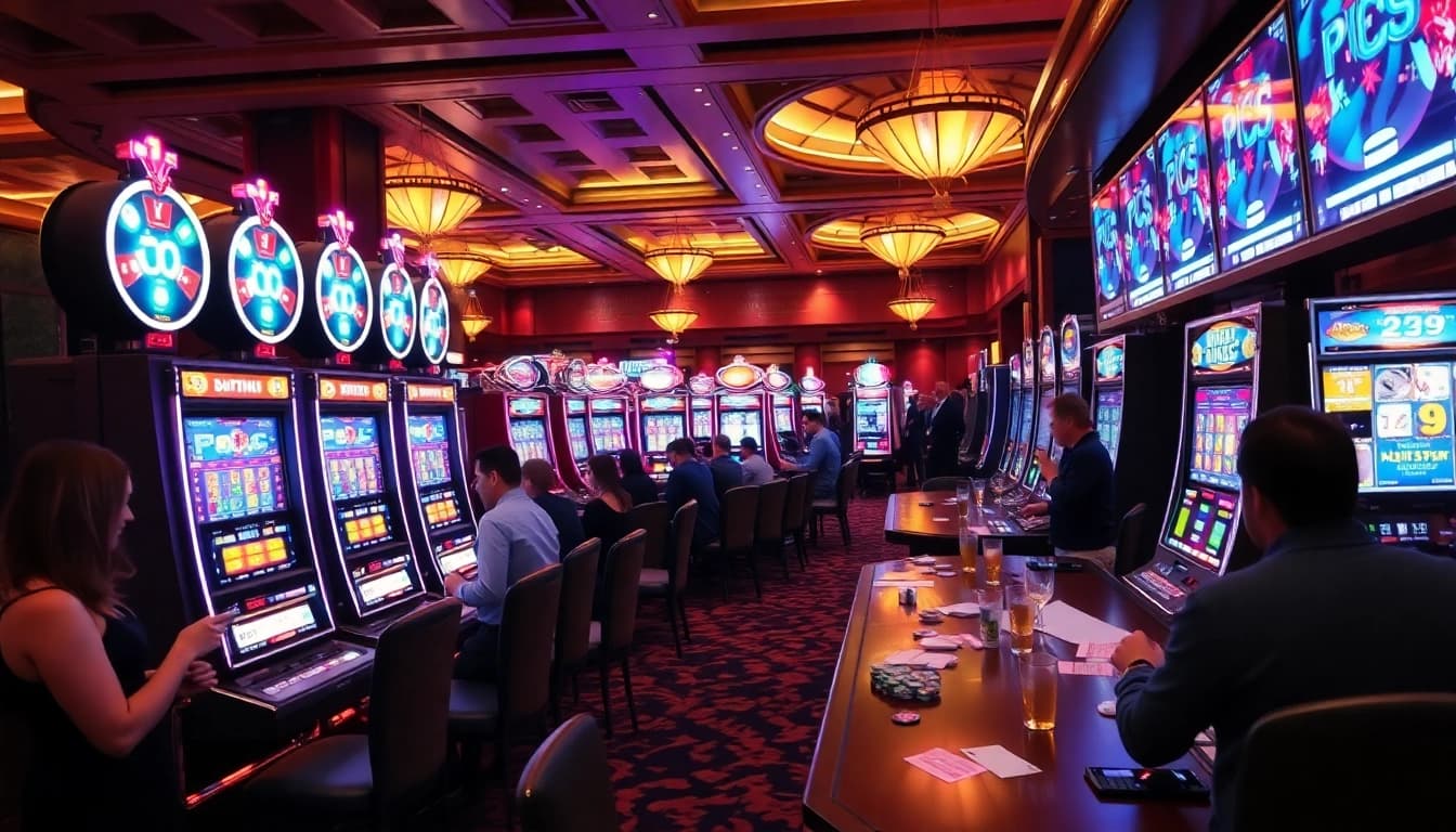 Gambler celebrating a win at vibrant slot machines in a luxurious casino.