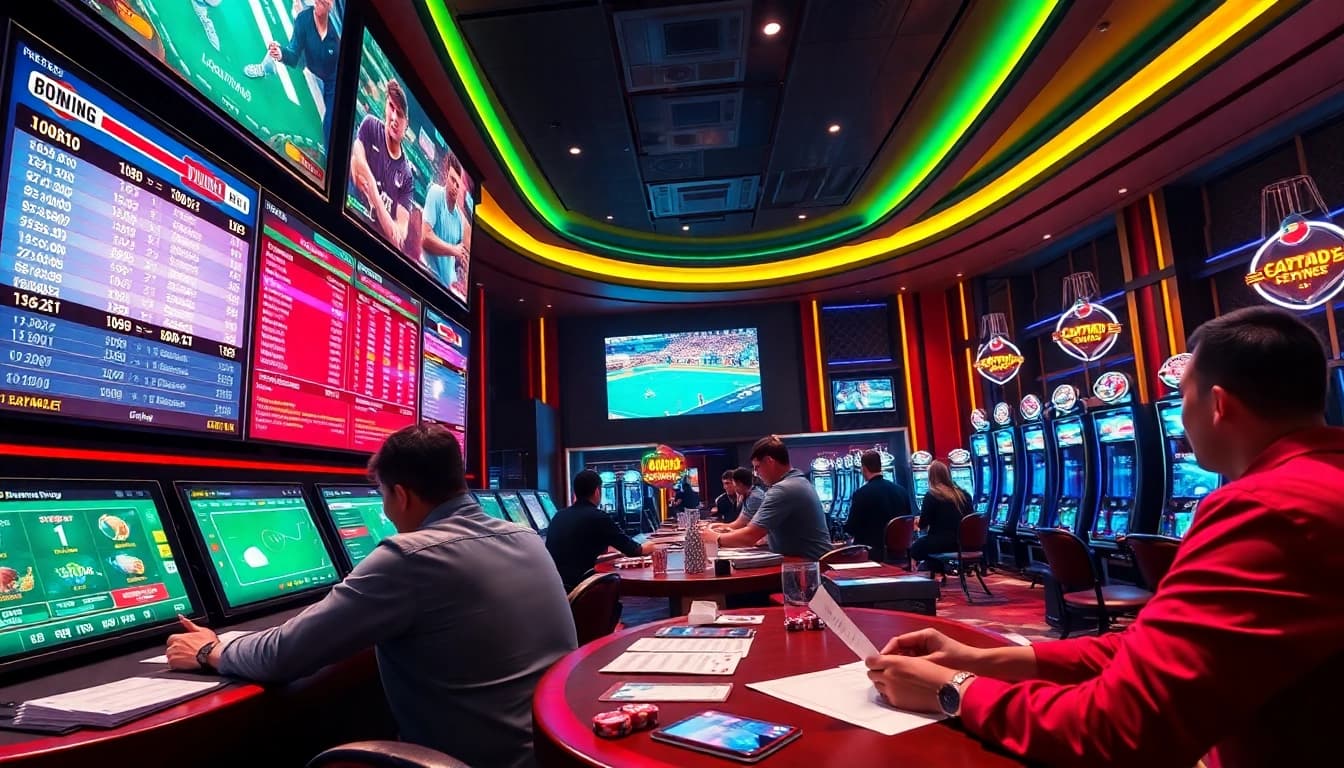 Excited gamblers analyze keo nha cai odds at a vibrant casino sports betting area.