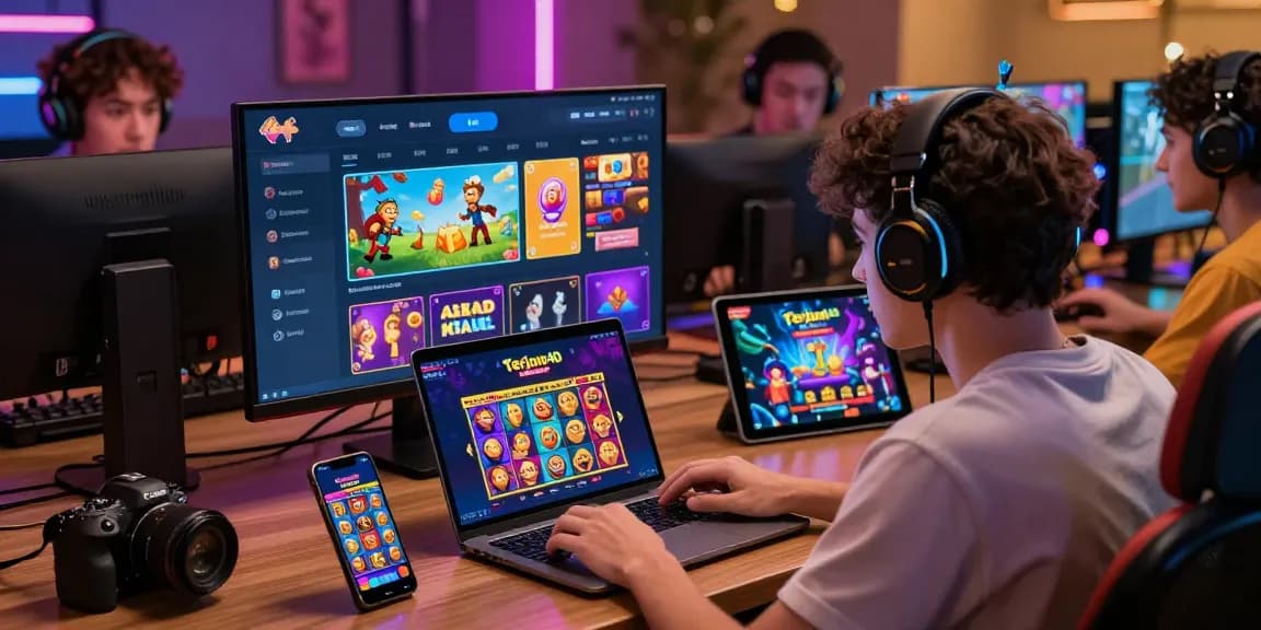 Pengguna terjun4d aktif bermain game online dengan laptop, smartphone, dan tablet, menunjukkan berbagai pilihan game menarik.