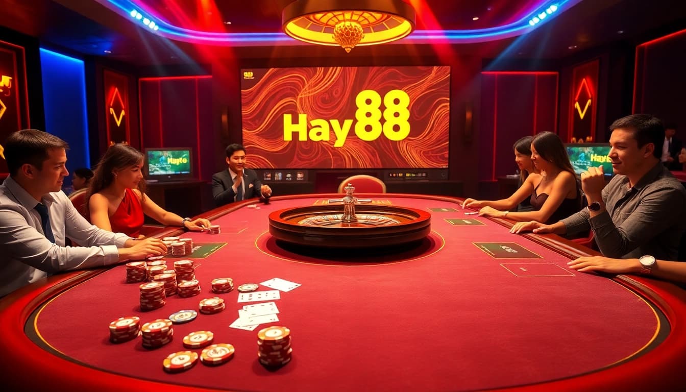 Gambling table with cards and chips in a luxurious setting at https://hay88.my/ casino.