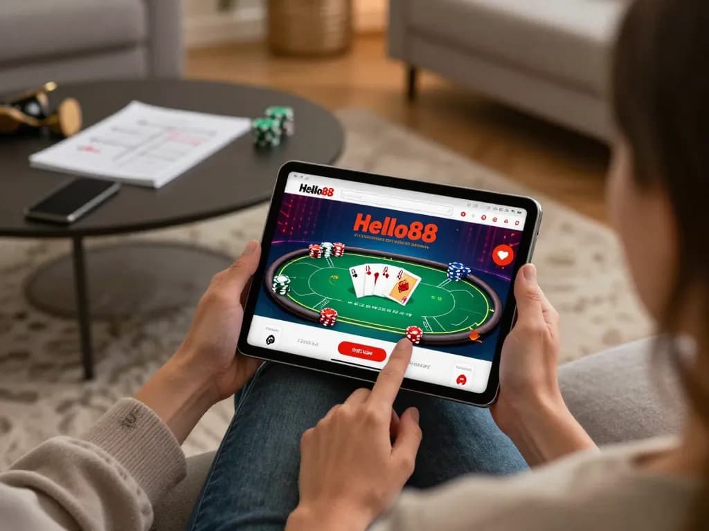 Hello88 poker action on tablet in a cozy living room, creating a warm online gaming atmosphere.