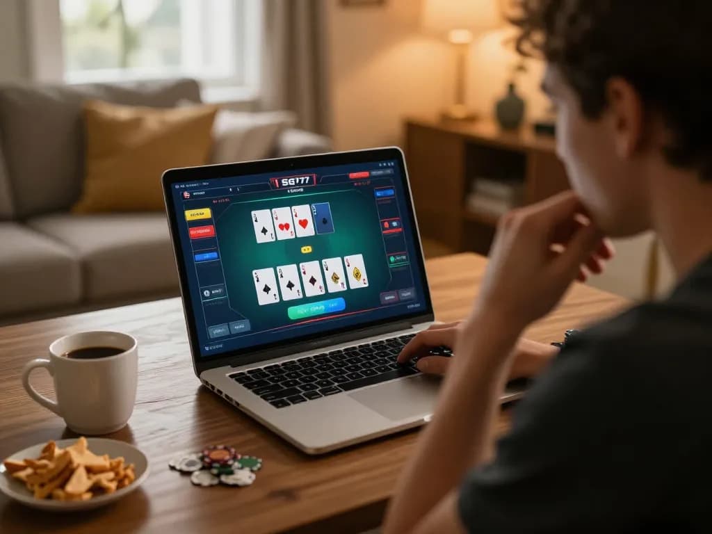 Player analyzing game strategies on SG777 online poker interface in comfortable home setting.