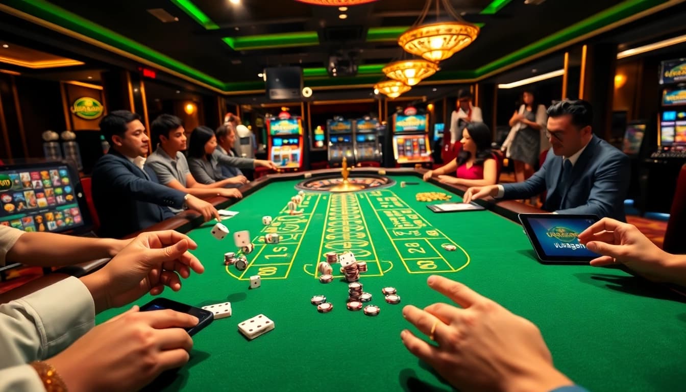 Players enjoying gambling at a vibrant juragan77 casino table with colorful chips and lively ambiance.