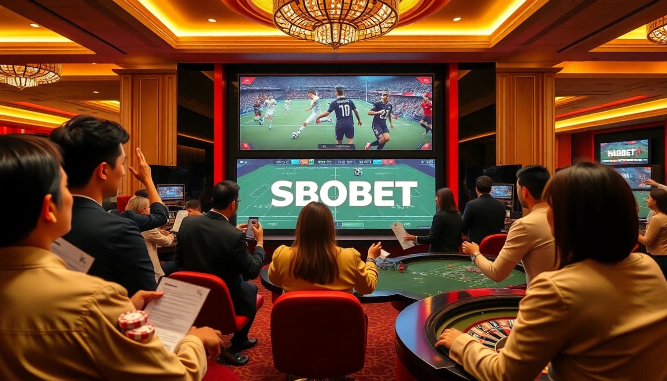 Agen Judi Bola betting scene featuring excited gamblers and vibrant screens highlighting live matches.