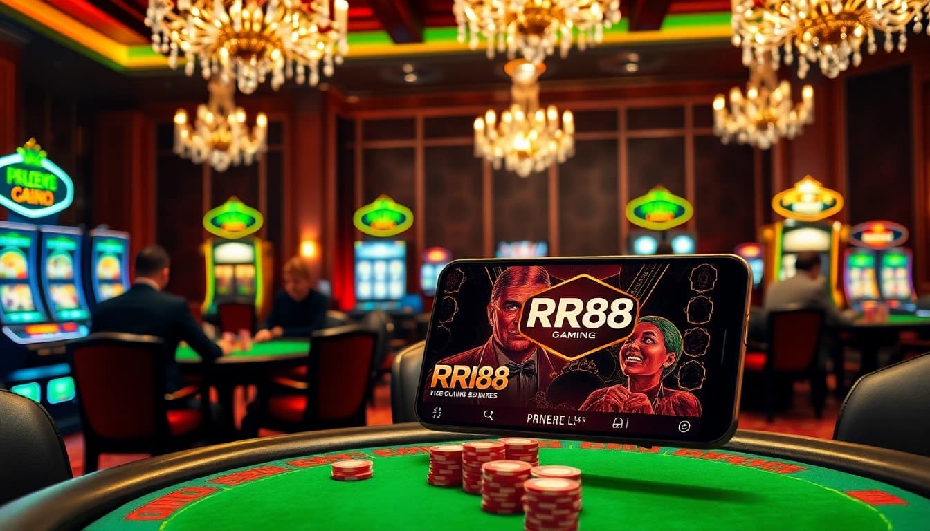 Engaging gamblers experience RR88 đăng nhập on stylish mobile devices in a luxurious casino setting.