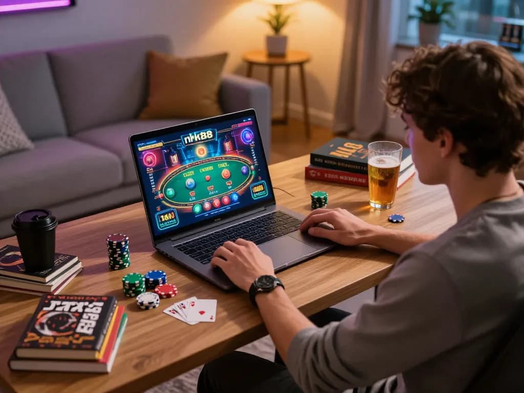 Engaging user playing nk88 on a laptop in a stylish home gaming setup.