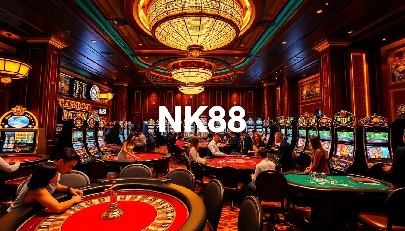 Players betting at a glamorous casino table with NK88 branded chips and cards in action.