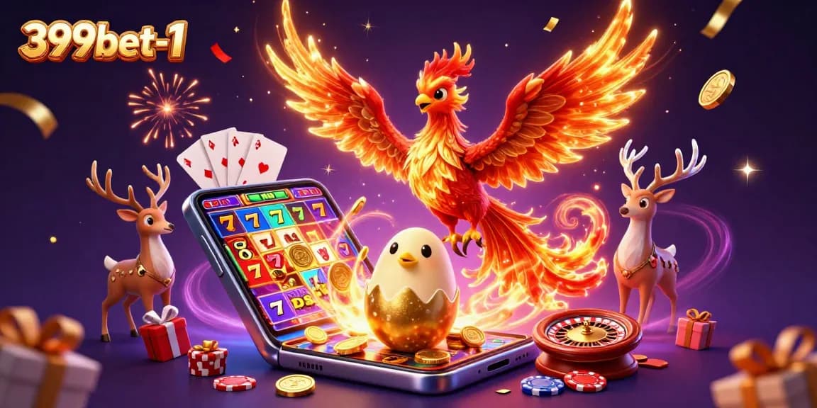 Engaging scene showcasing 399bet-1's vibrant slot games with a phoenix and mystical stag among exciting casino elements.