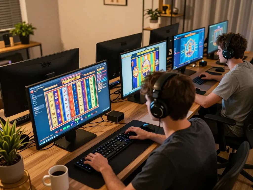 Engaging in slot online gampang maxwin gameplay at a modern home office setup, showcasing vibrant winning slots.