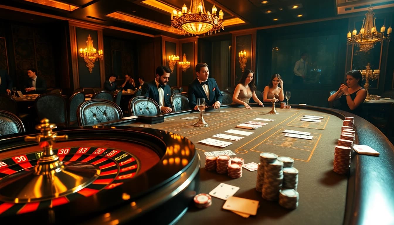 Engaging casino action at SV66 with players at the roulette table and poker chips