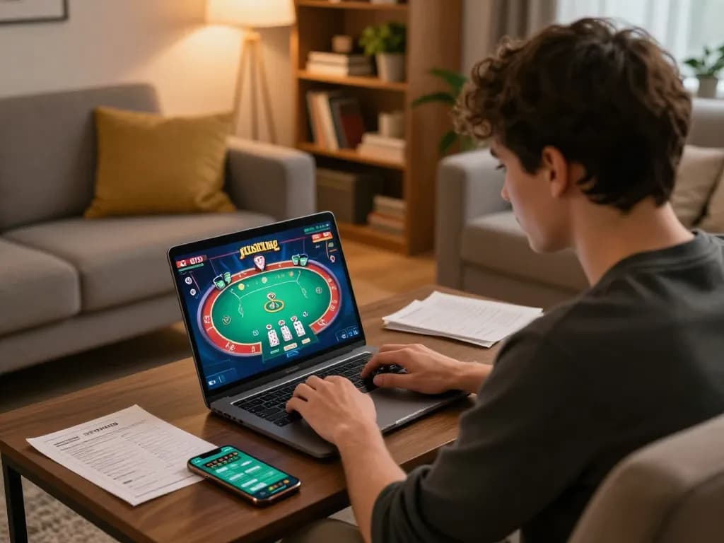 Dewatogel Link Alternatif Login Terbaru showcased with a user engaging in online poker from home, emphasizing strategic gameplay.