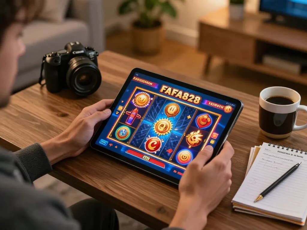 Engaging in online gaming with FAFA828, a player strategizes with virtual slot games on a tablet in a cozy setting.